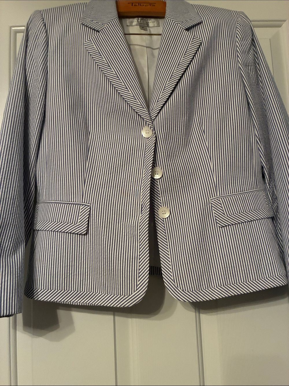 Tahari Navy and White Pinstripe Cotton Blazer
